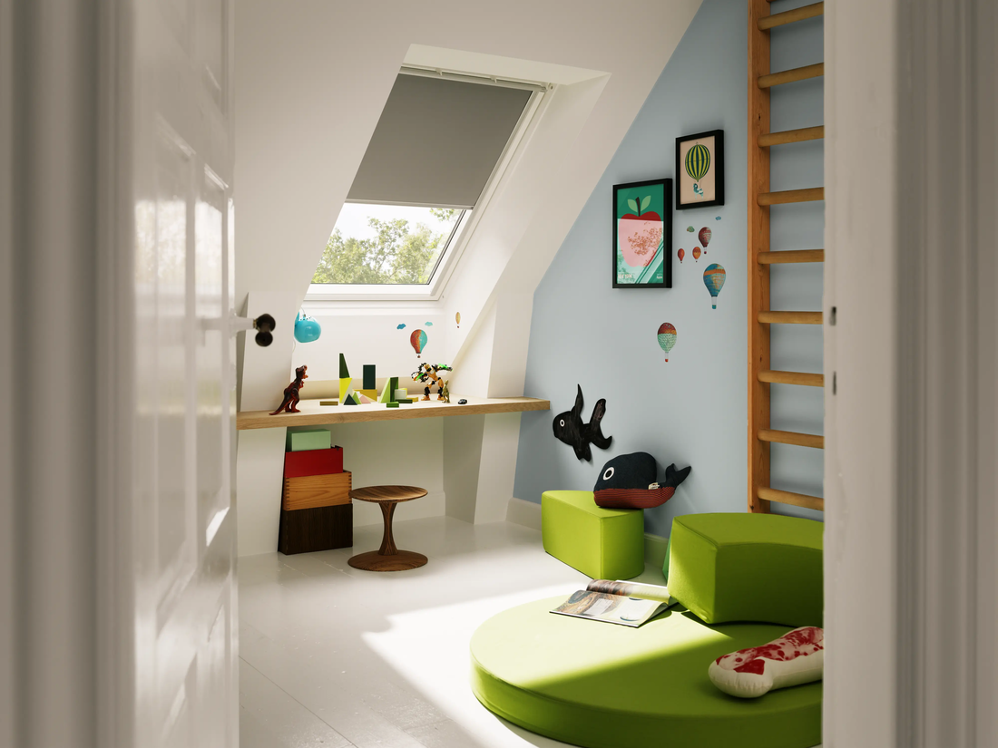 VELUX rolverduistering grijs, binnenaanzicht kinderkamer